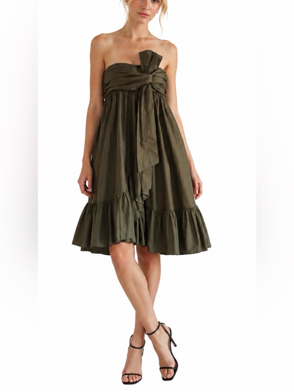 Diane Von Furstenberg Strapless Silk Ruffle Bow Dress Size 8 Olive Green